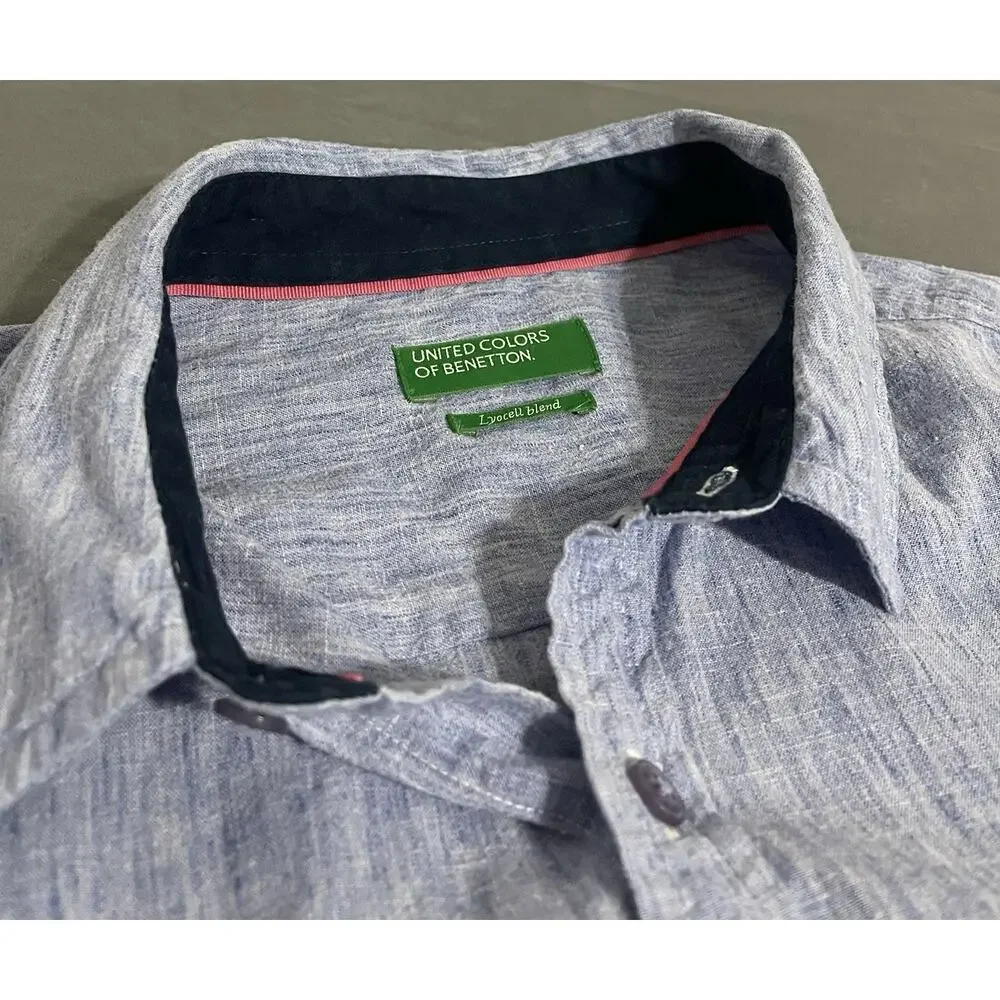 United Colors of Benetton Mens S Light Blue Lyocell Linen Cotton Button Up Shirt